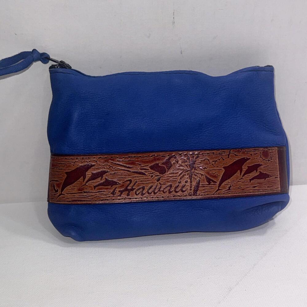 Aloha From Hawaii Dyed Leather Embellished Zip Wristlet Coin Purse Wooden Fish - Picture 12 of 14